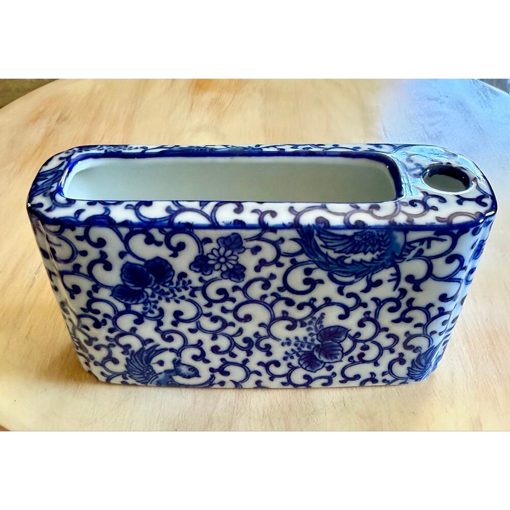 Vtg Takahashi San Francisco Blue & White Porcelain Pen & Notes Holder for Desk